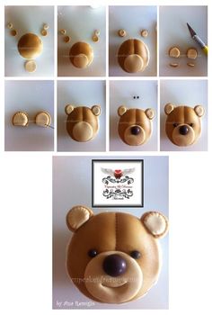 the teddy bear is made out of fondant and has many different angles to it's face