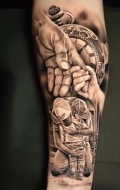 a man's arm with a tattoo on it that has an image of two hands holding