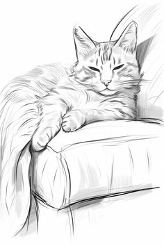 a black and white drawing of a cat sleeping on a couch with its eyes closed