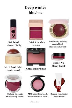 #makeup #blushes #rarebeauty #patrickta #nars #merit #glossier #deepwinter #colorimetry Makeup For Deep Winter, Deep Winter Blush, Burnished Winter, Deep Winter Makeup, Glossier Blush, Blush Swatches, Winter Board, Colour Analysis, Patrick Ta