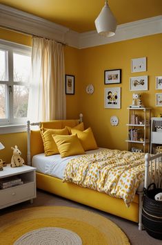 a bedroom with yellow walls and white trim on the windowsill, bed in foreground