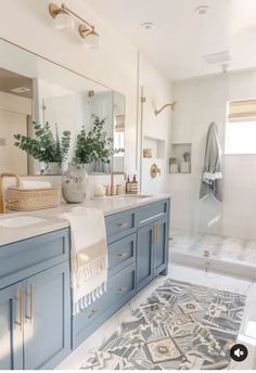 a bathroom with blue cabinets and white walls