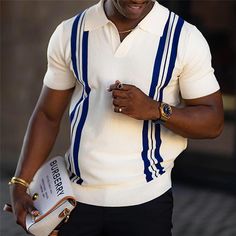 Men's Golf Shirt Striped Graphic Prints V Neck Blue Outdoor Casual Short Sleeves Stripe Clothing Apparel Designer Vintage 2023 - US $23.99 Black Men Casual Style, Knit Polo Sweater, Polo Shirt Outfits, Black Men Fashion Casual, Green Polo Shirts, Golf Wear, Knit Polo, Polo Sweater, Black Men Fashion