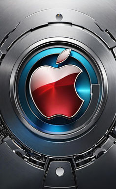 an apple logo is shown on the metal surface in this image, it appears to be circular