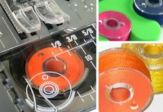 three different images of various colored spools and plastic parts in the same image