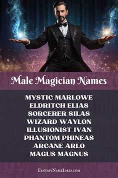 male magician names in front of a purple background