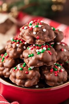 chocolate christmas tree cookies in a red bowl