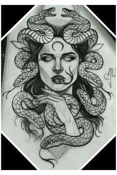 a drawing of a woman with snakes on her head and hands in front of her face