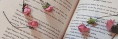 pink flowers are pinned to the pages of an open book with green leaves on them