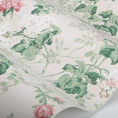 an image of a floral wallpaper with pink and green flowers on white background, close up