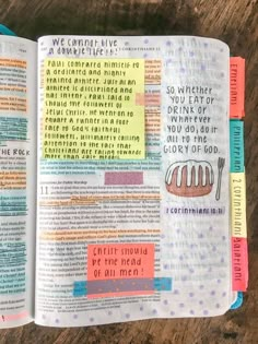 an open bible with words and pictures on it