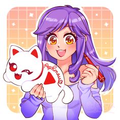 a woman holding a white cat with purple hair and an orange eye shadow on her face