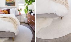 two pictures of a bedroom with white bedding and rugs