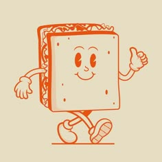 an orange and white drawing of a toaster with arms and legs, giving the thumbs up