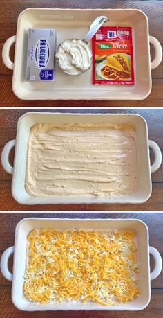 three pans filled with food sitting on top of a wooden table