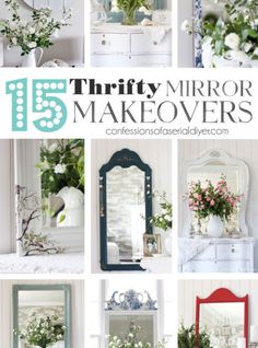 a collage of mirrors with flowers and vases on them in different styles, colors and sizes