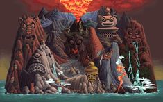 an old computer game with monsters and volcanos in the background, as if they were aliens