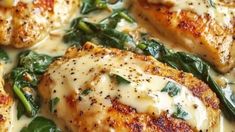 chicken with spinach and cheese in a white sauce