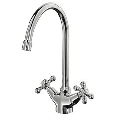 a chrome faucet with two hands on it