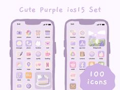 two cell phones with icons on them and the text cute purple is set above it