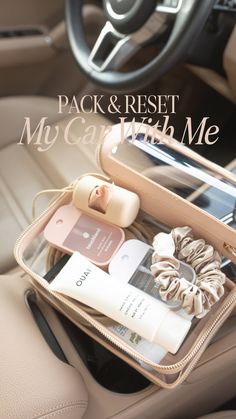 the inside of a car is packed with personal care items