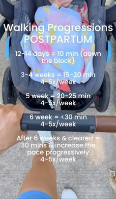 a baby in a stroller with the text walking progressions postpartum on it