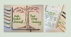 two notebooks with writing on them, one has a tree and the other says just keep growing