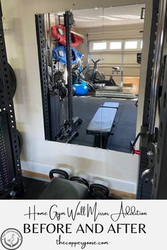 there is a mirror in the room that says, home gym wall mirrors before and after