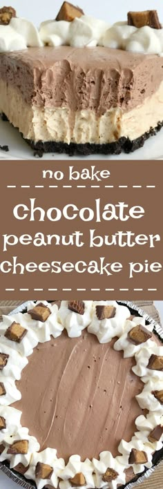 no bake chocolate peanut butter cheesecake pie on a plate with text overlay