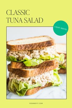 Two tuna salad sandwiches sit stacked on top of each other. They sit on a marble countertop. Classic Tuna Salad Sandwich, Classic Tuna Salad Recipe, Salad Board, Tuna Salad Ingredients, Classic Tuna Salad, Best Tuna Salad, Fit Meals, Greek Chicken Salad, Monte Cristo Sandwich