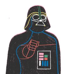 a drawing of a darth vader holding a remote control in his right hand