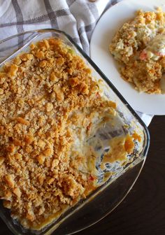 a casserole dish is shown next to a plate of mashed potatoes