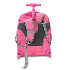 Little girls can carry their essentials for school or travel inside this colorful rolling backpack from J World. The J World Daisy Rolling Kids Backpack (Kids ages 4-8) is made from durable polyester fabric and features a colorful floral design with a single pole push button locking handle, smooth rolling wheels for easy mobility, and mesh cushioned and padded backpack straps for versatility and comfort. The roomy main compartment includes two slide pockets, a zipper pocket, and a round photo fr Pink Adjustable Backpack For Back To School, Adjustable Pink Backpack For Back To School, Pink Rectangular School Luggage, Kids Rolling Backpack, Backpack With Wheels, Rolling Backpack, Travel Umbrella, Blue Backpack, Pink Backpack