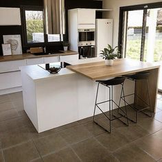 a kitchen with an island and two stools