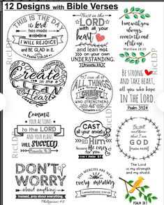 the 12 designs with bible verses are shown in black and white, including an image of