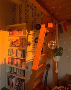 a room with a ladder and bookshelf next to a wall full of cds