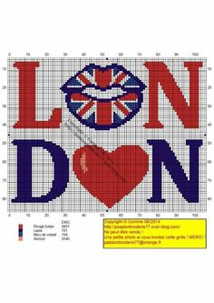 a cross stitch pattern with the words i love london and an image of a heart