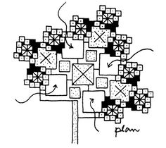 a black and white drawing of a tree with many squares on it, all connected together