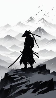 a person standing on top of a snow covered hill holding two swords in their hands