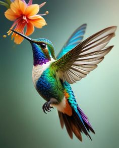 a colorful hummingbird flying next to a flower with its wings spread out and it's beak extended