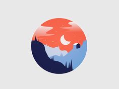 an orange and blue circle with the moon in it's center on a white background