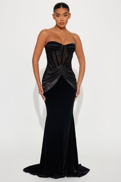 Available In Black. Velvet Maxi Dress Sweetheart Neckline Padded Bra Cups Lace Corset Satin Draped Detail Hidden Back Zipper Lined Stretch Self: 95% Polyester 5% Elastane Lining: 100% Polyester Imported | Ivanka Velvet Corset Gown Dress in Black size Large by Fashion Nova Black Velvet Maxi Dress, Velvet Formal Dress, Corset Gown, Velvet Corset, Dress Sweetheart Neckline, African Inspired Clothing, Corset Dress Prom, Velvet Maxi Dress, Velvet Maxi