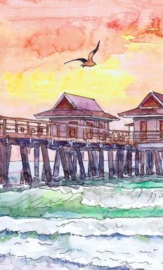 a watercolor painting of a pier with birds flying over it