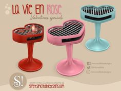 three different colored tables with heart shaped grills on them and the words la vie en rose written in french