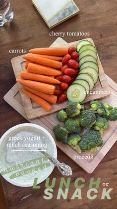 vegetables and dip are arranged on a cutting board with the words healthy snack written below