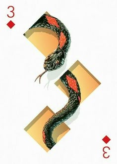 a card with a snake on it and the number 3 in front of it, surrounded by playing cards