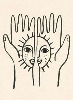 two hands holding each other with the sun and moon above them, drawn in black ink