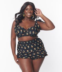 Unique Vintage Plus Size Black & Pineapple Print Totally Tied Up Swim Top - Unique Vintage - Womens, SWIM, TOP Vintage Plus Size, Black Backdrop, Plus Size Swim, Black Backdrops, Plus Size Black, Pineapple Print, Swim Top, Unique Vintage, Plus Size Fashion