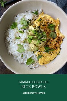 a white bowl filled with rice and topped with green garnish on the side