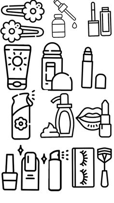 different types of cosmetics and beauty products are shown in this black and white drawing set